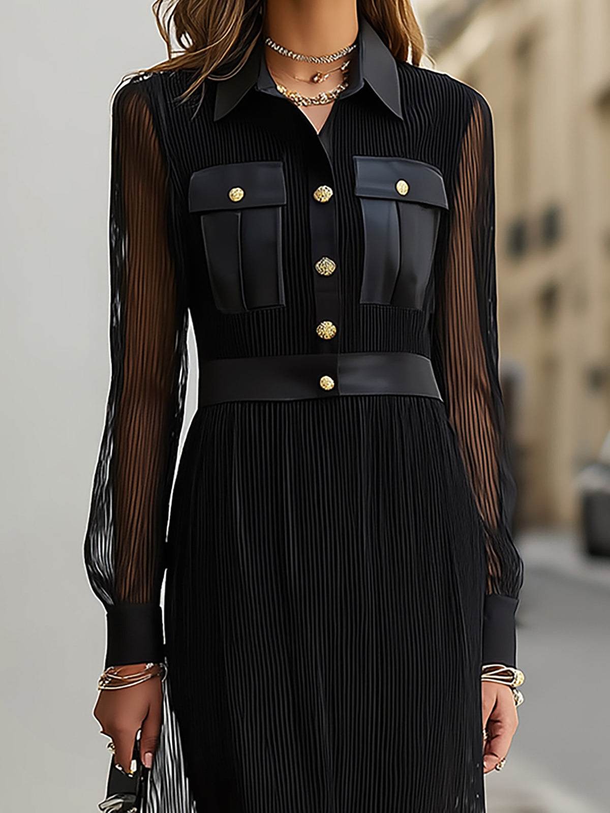 Rockmelan Black Sheer Maxi Dress with Gold Buttons - Long Sleeve