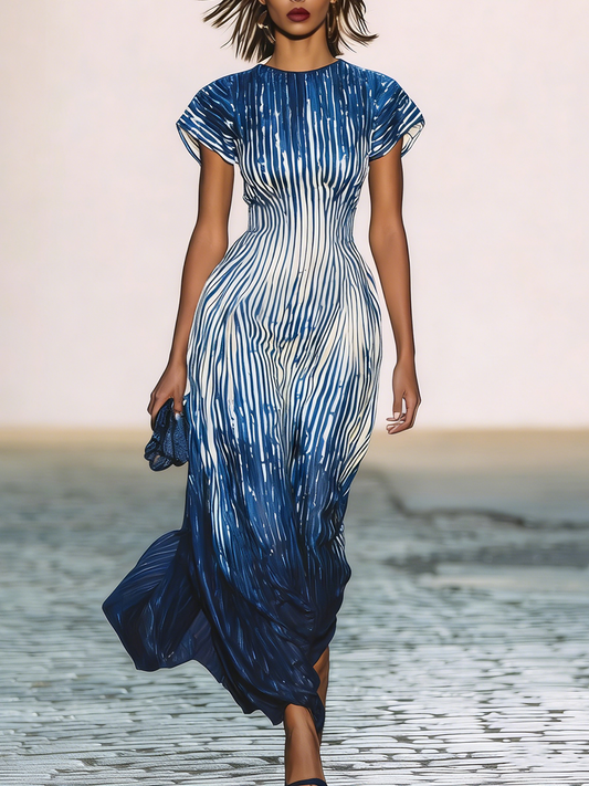 Rockmelan Blue Ombre Stripe Maxi Dress Short Sleeve Flowy