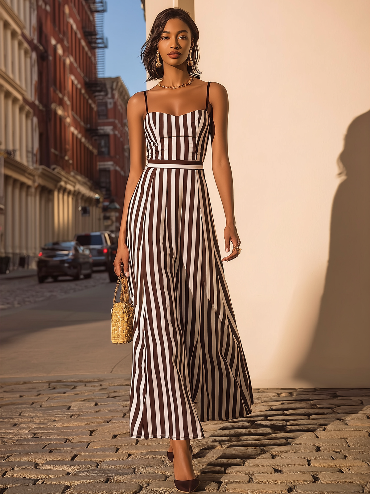 Rockmelan Brown White Striped Maxi Dress Spaghetti Strap