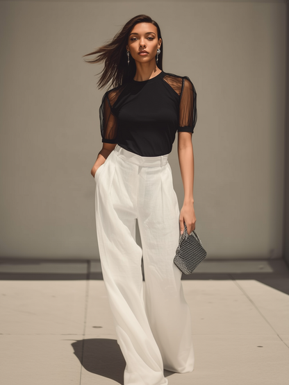 Rockmelan Chic Contrast Sheer Sleeve Top & High-Waist Pants Set