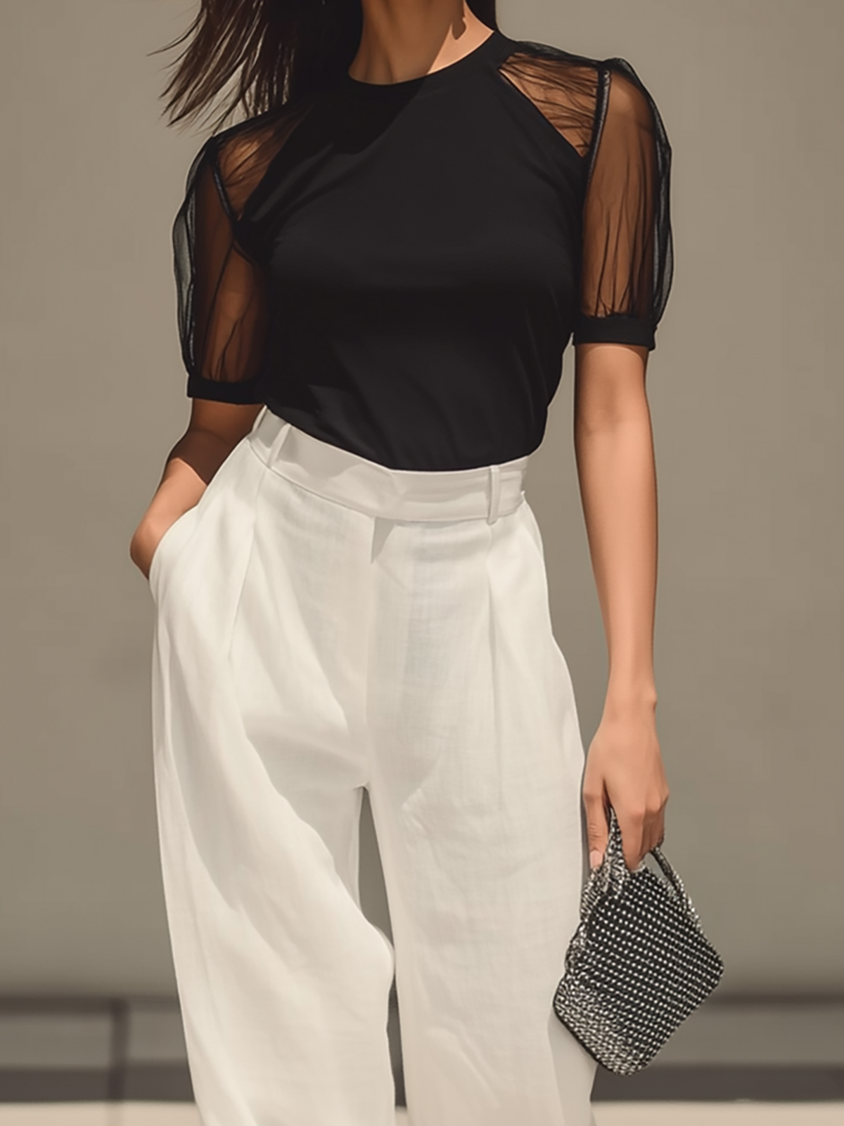 Rockmelan Chic Contrast Sheer Sleeve Top & High-Waist Pants Set