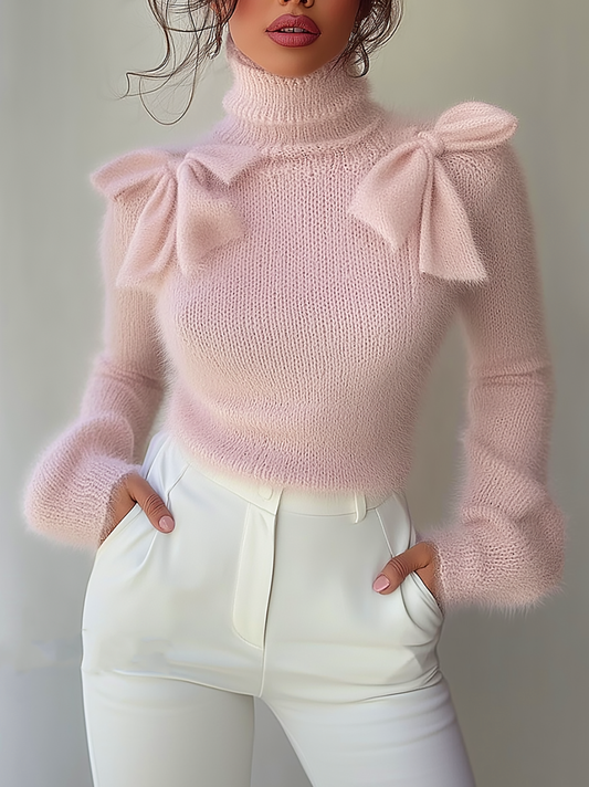 Rockmelan Chic Pink Turtleneck Sweater with Elegant Shoulder