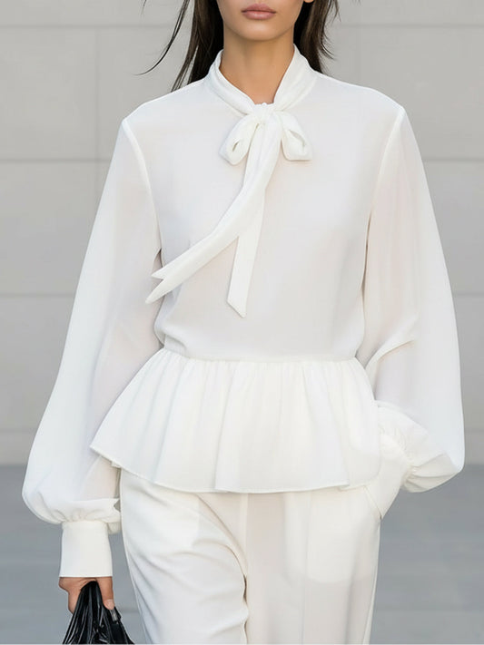 Rockmelan Chic White Chiffon Blouse with Stand Collar & Ruffle Details