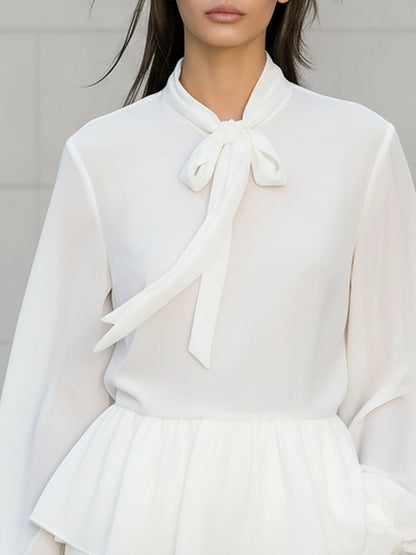 Rockmelan Chic White Chiffon Blouse with Stand Collar & Ruffle Details