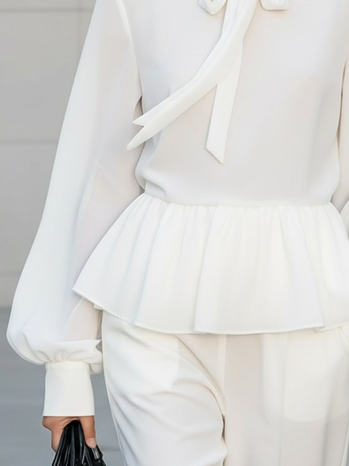 Rockmelan Chic White Chiffon Blouse with Stand Collar & Ruffle Details