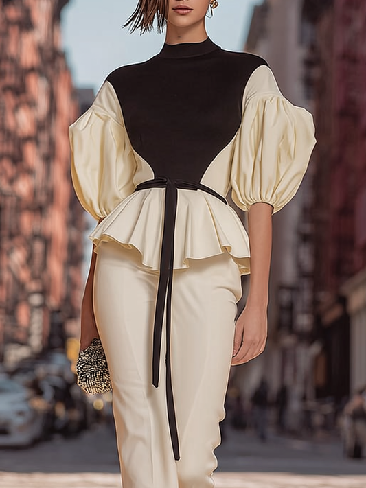 Rockmelan Contrast Mock Neck Blouse with Stylish Peplum Hem