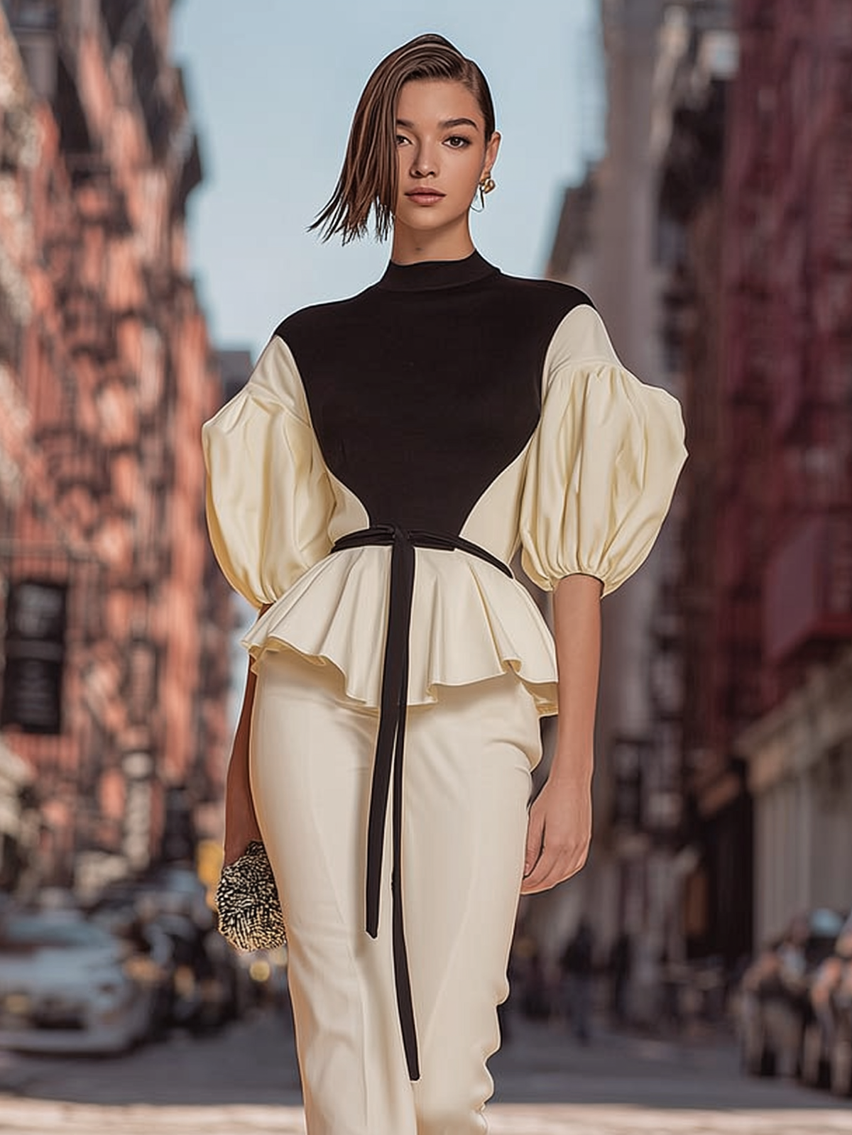 Rockmelan Contrast Mock Neck Blouse with Stylish Peplum Hem