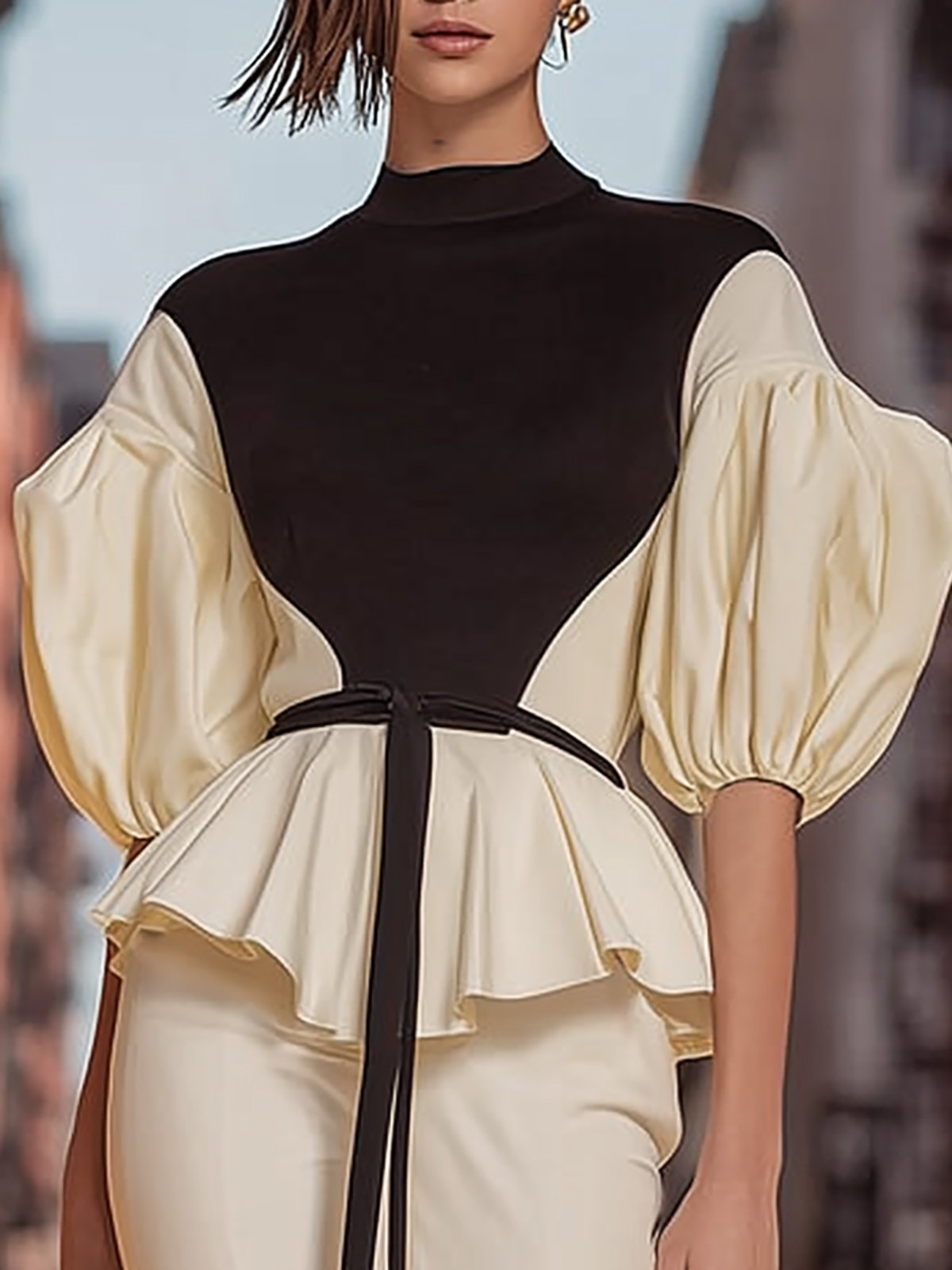 Rockmelan Contrast Mock Neck Blouse with Stylish Peplum Hem