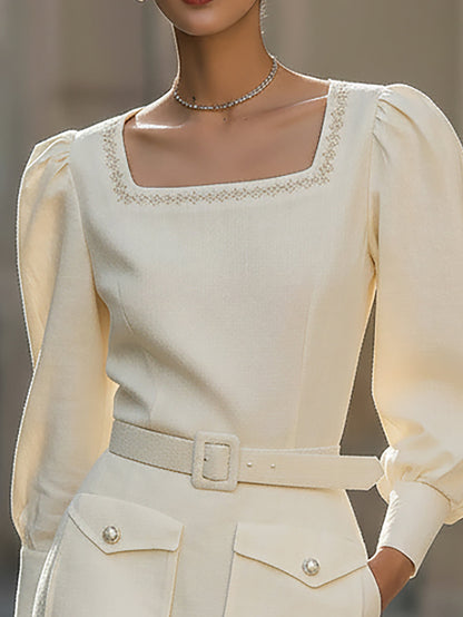 Rockmelan Cream White Belted Mini Dress with Pocket Detail