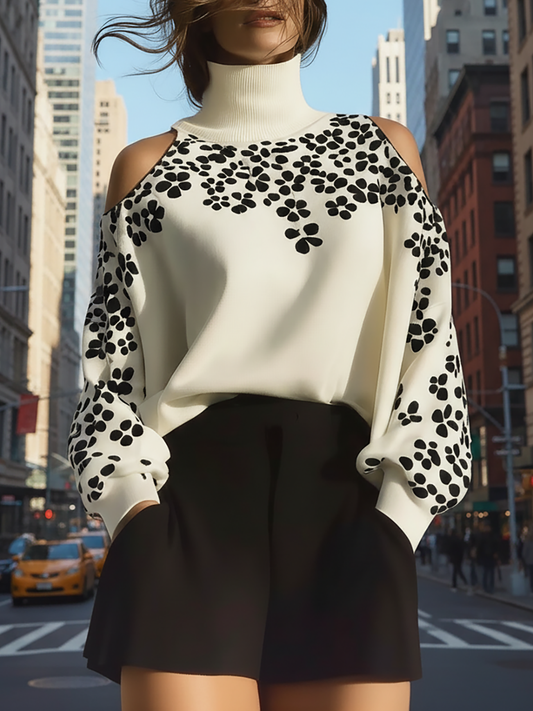Rockmelan Ivory Cold Shoulder Turtleneck - Bold Black Floral Print