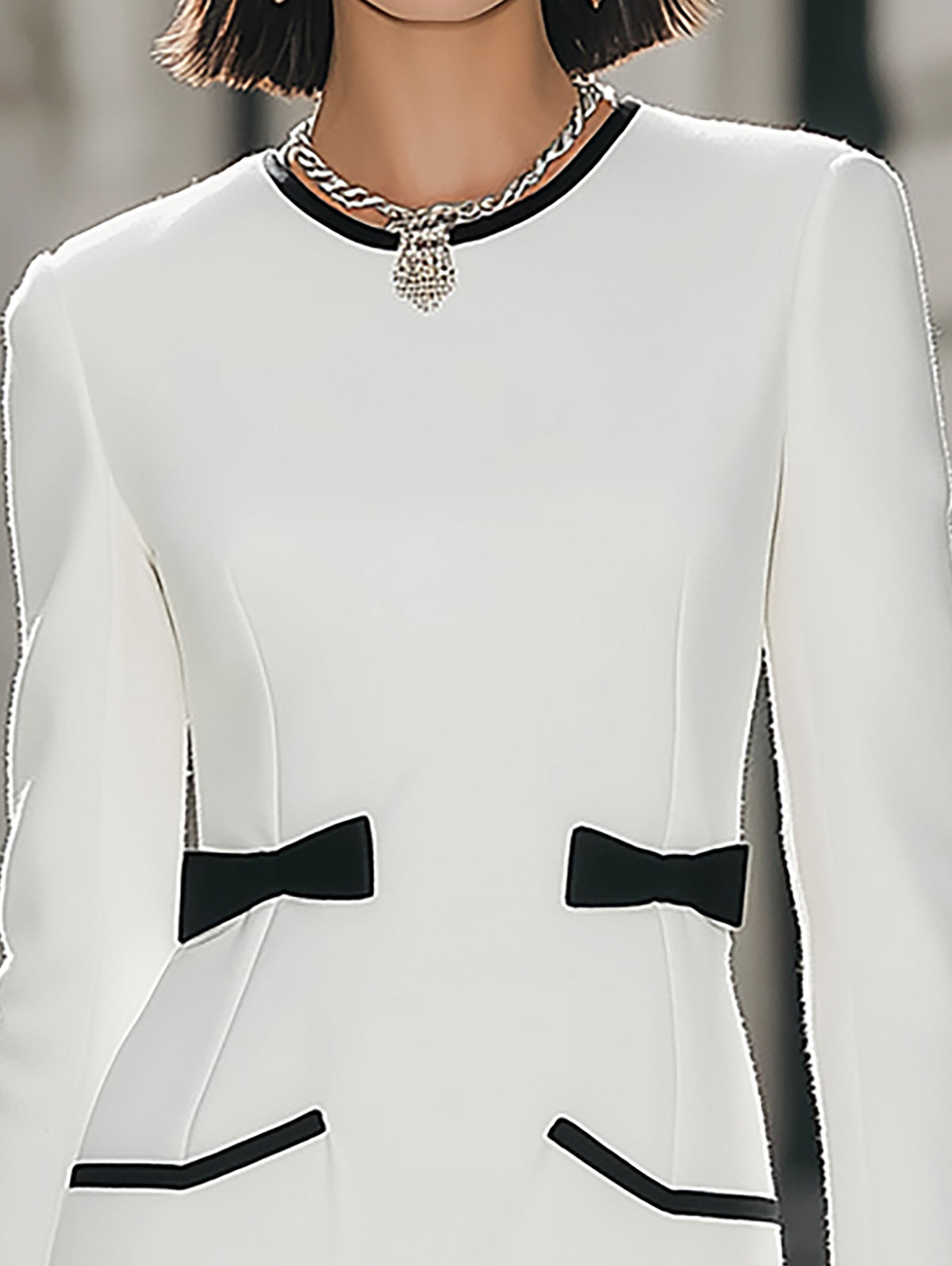Rockmelan White Bodycon Mini Dress with Black Trim - Long Sleeve