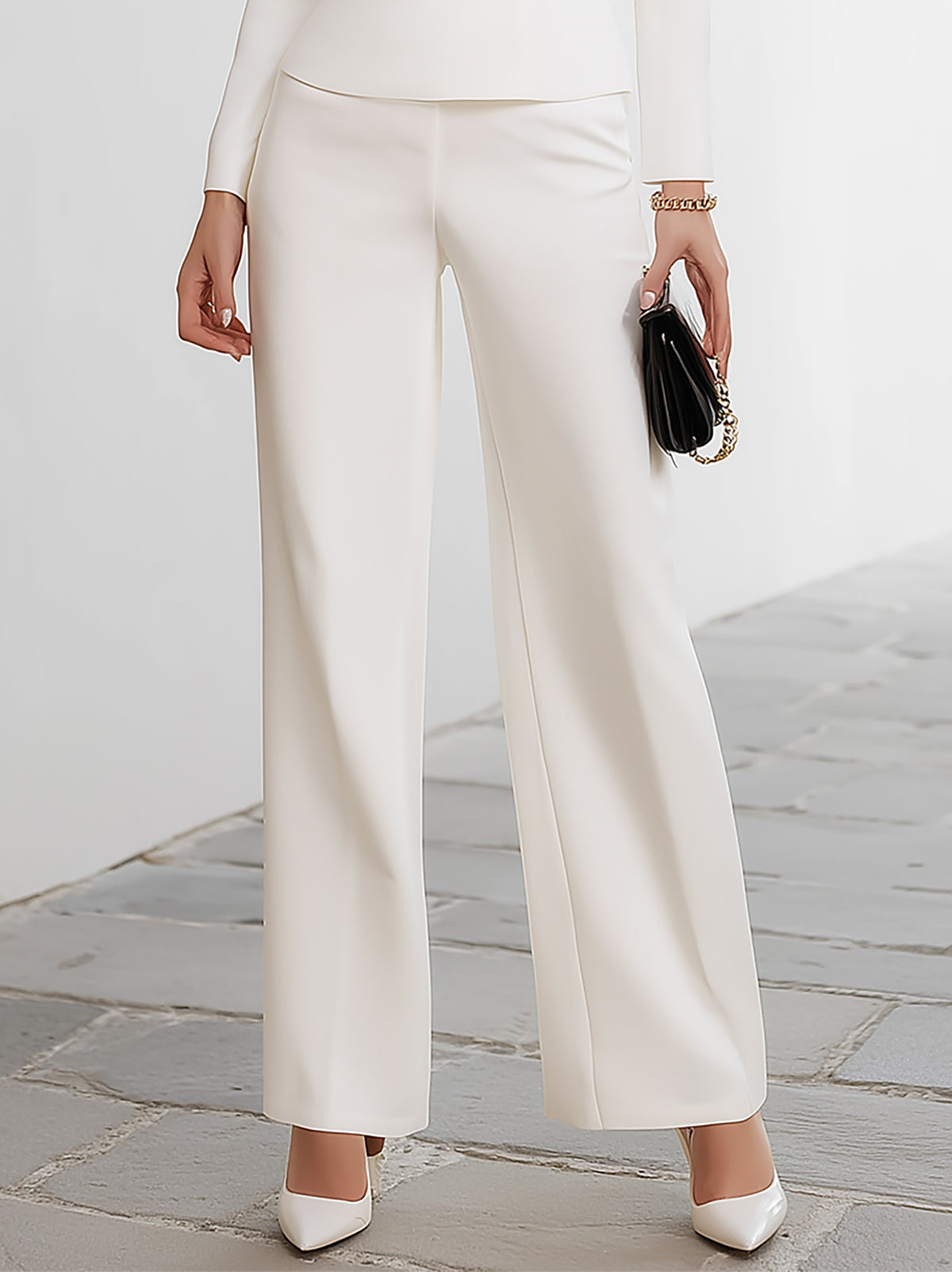 Rockmelan White Cold-Shoulder Blouse and Wide-Leg Trousers Set