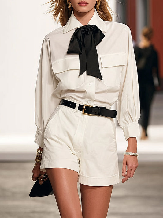 Rockmelan White Shirt & Shorts Set - Neck Tie Detail, No Belt Style