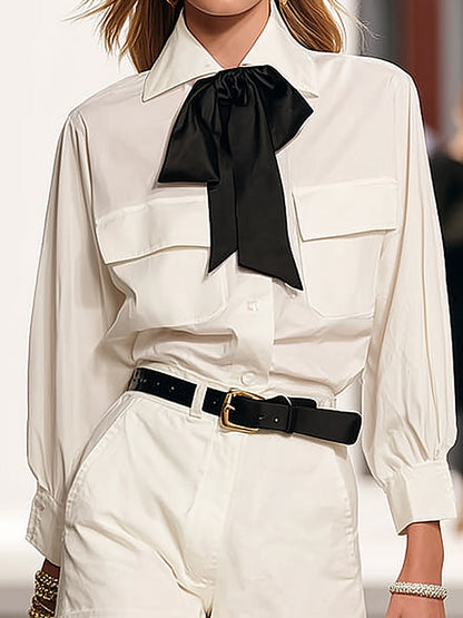 Rockmelan White Shirt & Shorts Set - Neck Tie Detail, No Belt Style
