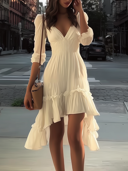 Rockmelan White V-Neck Midi Dress Smocked Waist Ruffle Hem