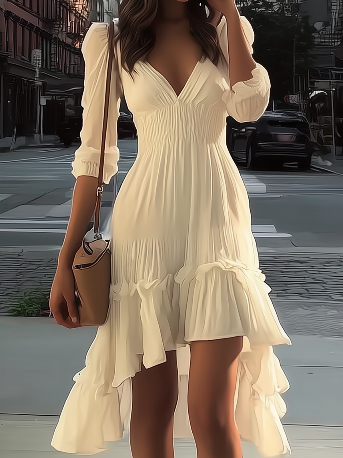 Rockmelan White V-Neck Midi Dress Smocked Waist Ruffle Hem